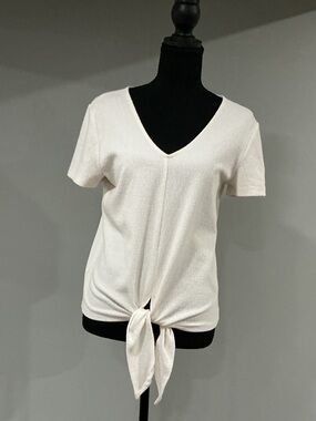 Ann Taylor Cream V-Neck Short Sleeve Tie-Front Top